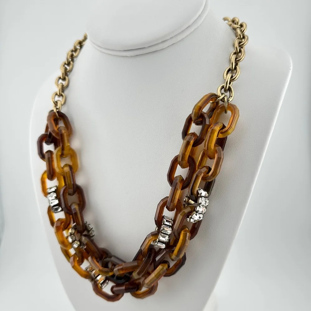 J.Crew Tortoiseshell Chunky Chain Link Necklace with Baguette Rhinestones